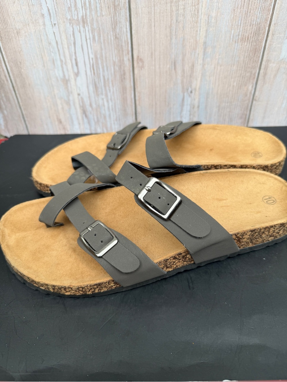 Vegan Leather Double Buckle Slide Sandals - Gray